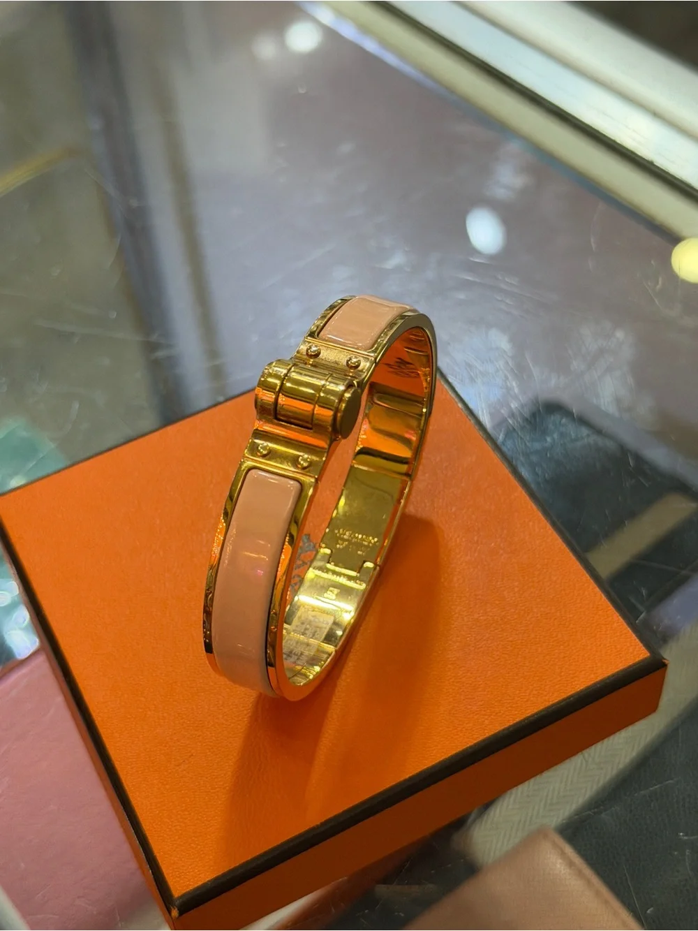 Hermes Gold-Tone Bangle with Light Pink Enamel